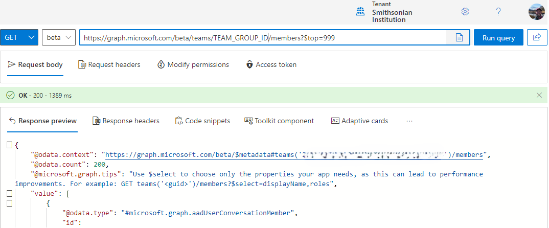 A screenshot of the Microsoft Graph Explorer website.
