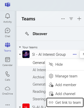 A screenshot of the Microsoft Teams application, showing how to copy a link to a Team.
